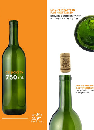 FastRack Green wine bottles 750ml, 12-Pack W5 Bordeaux - NO CORKS INCLUDED | Food-grade green wine bottles empty for winemaking, mead and liquor storage | Accepts #8 or #9 corks | Empty wine bottles