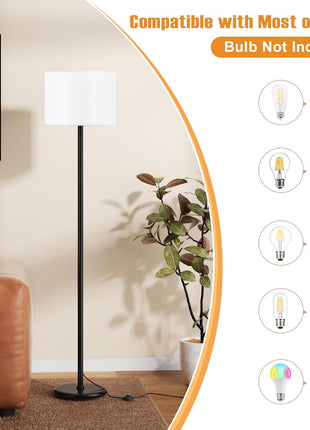 Modern Floor Lamp Simple Design with White Shade, Foot Pedal Switch, 60" Small Tall Lamps for Living Room Bedroom Office Dining Room Kitchen, Black Pole Lamp(Without Bulb)