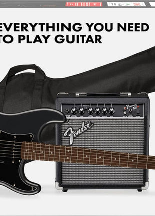 Squier Affinity Series Stratocaster Packs Electric Guitar, Charcoal Frost Metallic, Laurel Fingerboard | Hss Strat Pack, Indian Laurel Fingerboard, Poplar Body, Includes Frontman 15g Amp, Gig Bag, Cable, Strap and Picks, 21 Frets