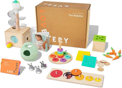 Lovevery | The Babbler Play Kit, Birthday Play Kit, Montessori Toddler Toy, 8 Play Products, 1 Board Book, and Play Guide (Best Birthday Gift for 1 Year Old), Medium
