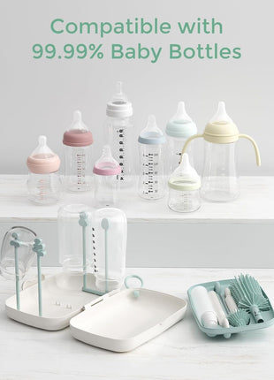 Momcozy 7-in-1 Baby Bottle Brush Set with Drying Rack, Green | Silicone Nipple Straw Brushes, Soap Dispenser Storage Box, Foldable Drain Rack, Portable Bag, BPA-Free, Home & Travel