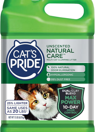 Cat's Pride Max Power: Total Odor Control - Up to 10 Days of Powerful Odor Control - Strong Clumping - Hypoallergenic - 99% Dust Free - Multi-Cat Litter, Unscented, 15 Pounds