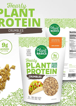 Plant Basics - Hearty Plant Protein - Unflavored Crumbles, 8 oz, Made from Peas, Non-GMO, Gluten Free, Low Fat, Low Sodium, Vegan, Meat Substitute
