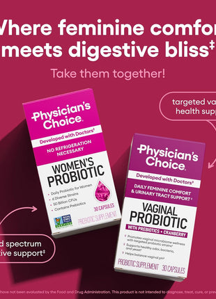Physician's CHOICE Probiotics for Women   PH Balance, Digestive, UT, & Feminine Health   50 Billion CFU   6 Unique Strains for Her   Organic Prebiotics, Cranberry Extract+   Women Probiotic   30 CT