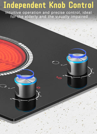 2 Burner Electric Cooktop 110V, Knob 12 Inch Electric Stove Top | 120V Stove Top Burner Knob Control, 2000W Countertop Stove, Timer, 9 Heating Levels, Overheat Protection, High-Temp Alarm