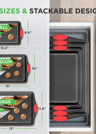 NutriChef 3 Piece Nonstick Kitchen Oven Baking Pans   Premium & Stylish Non Stick Steel, Commercial Grade Restaurant Quality Metal Bakeware with Red Silicone Handles   Easy to Clean, NCSBS3S