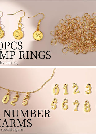 LEOBRO Letter Charms, 376 Pcs Gold Charms for Jewelry Making, Bracelet Necklace Charm & Jump Rings, Jewelry Making Supplies, Gold