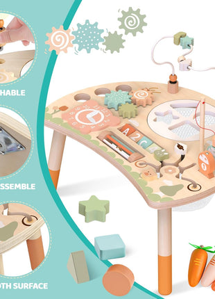 Wooden Activity Table for Toddlers, 9 in 1 Montessori Toy | Sensory Learning, Bead Maze, Shape Sorter, Fishing Game, Spinning Gears, Wood, CPSIA Certified, Gift for Boys Girls