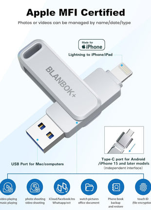 MFi Certified 256GB Flash Drive for iPhone Photo Stick, USB Memory Stick High Speed iPhone Flash Drive, External Memory Storage USB Stick Thumb Drive for iPhone/iPad/Android/PC (Metallic Silver)