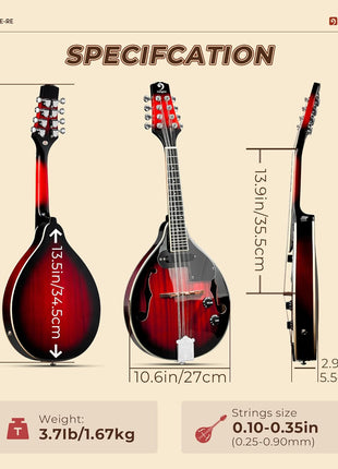 Vangoa Mandolin Musical Instrument A Style Acoustic Electric, 8 Strings Mahogany for Beginner Adults Teens, Red Burst