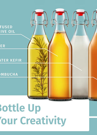 Otis Classic Swing Top Glass Bottles   Set of 6, 16oz w/Marker & Labels   Clear Bottle with Caps for Juice, Water, Kombucha, Wine, Beer Brewing, Kefir Milk or Eggnog