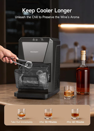 HiCOZY B1 2" Clear Ice Ball Maker, Countertop, 40 Pcs/Day Self-Cleaning | Makes 2 big crystal sphere ice balls in 60 mins, with ice tong, round ice cube machine ideal for cocktails and whiskey