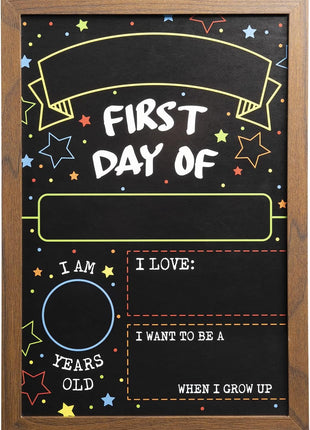 First Day Last Day of School Double Sided Sign with Frame (Reusable Dry Erase Board for Liquid Chalk Markers - 9.17 inch x 13.27 inch)