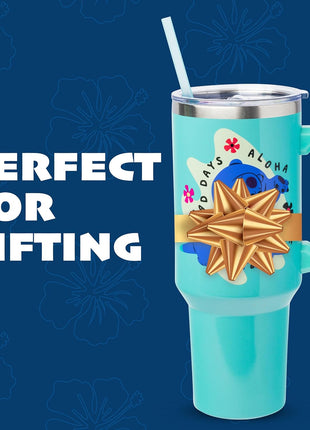 Silver Buffalo Disney Lilo and Stitch Aloha, Stainless Steel Tumbler, 40oz | Double Walled, Handle and Straw, Fits in Standard Cup Holder, Drinkware, Water Bottle, No Bad Days Chillin, Blue, 1.18 Liters