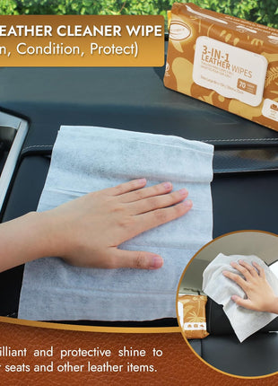 Air Jungles 3in1 Leather Cleaner Wipes 70 Count, Extra Large 8 inch x 10 inch Size, Clean Condition Protect Wipes for Vinyl and Leather Apparel Furniture Auto Car Interior Shoes Boots Bags