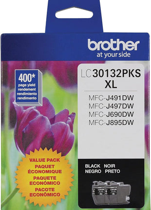Brother Genuine LC30132PKS 2-Pack High Yield Black Ink Cartridges, Page Yield Up to 400 Pages/Cartridge, LC3013
