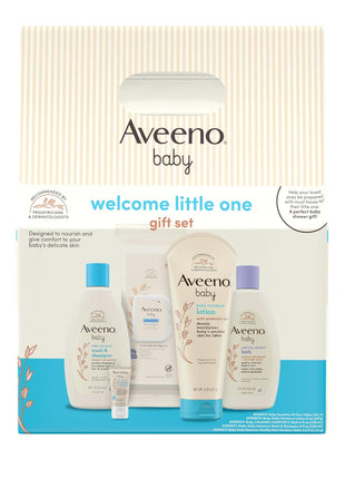 Aveeno Baby Welcome Little One Gift Set, Baby Skincare Set with Nourishing Baby Body Wash & Shampoo, Calming Bath Wash, All Over Baby Wipes, Daily Moisturizing Lotion, & Baby Balm, 5 Items