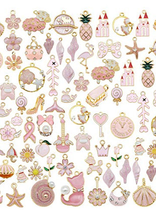 40pcs(20PAIRS) Assorted Gold Tone Enamel Animals Fruit Moon Star Dainty Dangle Flowers Pendants Charms for Jewelry Making Necklace Bracelet, Pink Theme