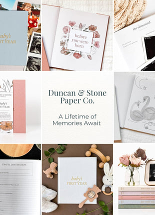 Duncan & Stone Baby Book First Year Memory Keepsake, Linen, Cream | Record milestones, photos & ultrasounds in a 112-page linen baby book; a boy or girl new mom keepsake gift