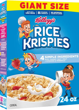 Kellogg's Rice Krispies Cold Breakfast Cereal, 8 Vitamins and Minerals, Rice Krispies Treats, Giant Size, Original, 24oz Box (1 Box)