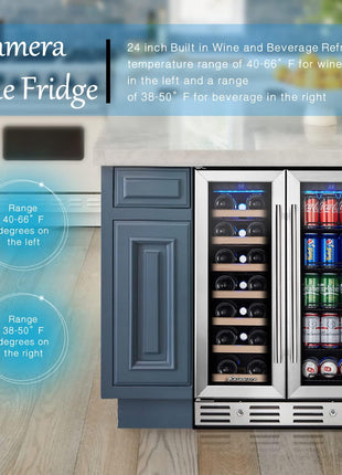 24 Inch Wine and Beverage Fridge, Wine Refrigerator Dual Zone Hold 20 Bottles and 78 Cans,Built-In or Freestanding Digital Touch Control | Under Counter or Freestanding Wine Fridge Hold 20 Bottles and 78 Cans, Digital Touch Control