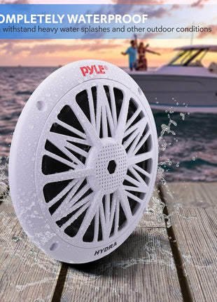 Pyle 6.5 Inch Dual Marine Speakers - 2 Way Waterproof and Weather Resistant Outdoor Audio Stereo Sound System with 200 Watt Power, Poly Carbon Cone and Butyl Rubber Surround - 1 Pair (White)