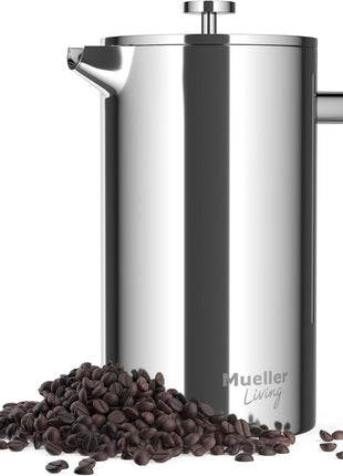 MuellerLiving French Press Coffee Maker 34oz, Stainless Steel French Press Coffee, 4 Filter Heat Resistant Double Insulated, Rust Free, Food Grade, Dishwasher Safe Coffee Pot