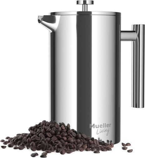 MuellerLiving French Press Coffee Maker 34oz, Stainless Steel French Press Coffee, 4 Filter Heat Resistant Double Insulated, Rust Free, Food Grade, Dishwasher Safe Coffee Pot