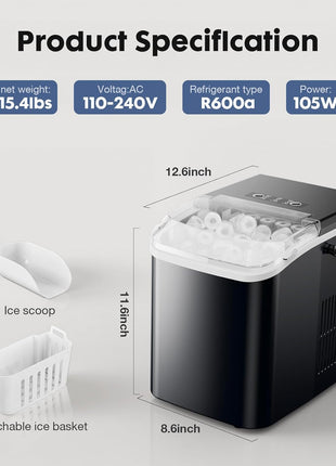 Sweetcrispy Countertop Ice Maker with Scoop, Basket and Handle, Portable Ice Machine 9 Cubes Ready in 6 Mins, 26.5lbs in 24Hrs, 2 Sizes for Home Kitchen Office Bar Party, Coal Black