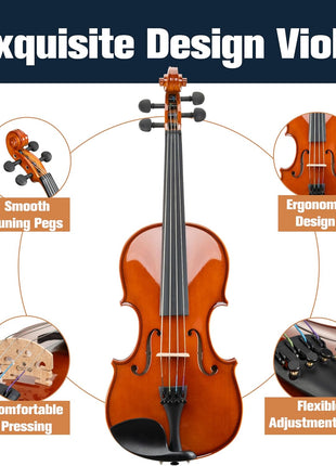 Mendini by Cecilio 16-Inch Solid Wood Violin Set for Beginners - Hand Carved Acoustic Viola Kit - Fiddle Set with Hard Case, Bow, Rosin, Bridge and Extra Strings (Natural Varnish)