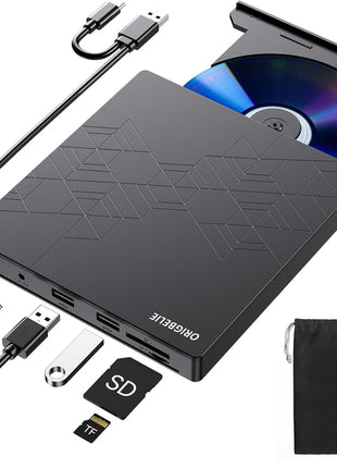 ORIGBELIE External DVD Drive, CD Drive USB 3.0 Typle C CD/DVD ROM +/-RW Adapter with USB Port DVD Burner for Laptop PC Desktop Computer, Optical Disk Drive CD Player Compatible with Mac Windows Linux