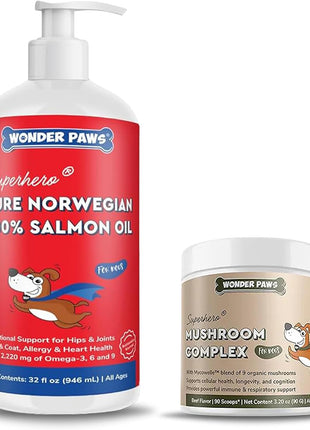 100% Norwegian Salmon Oil Plus Mushroom Complex Powder - for Dog's Skin, Coat & Immune Health – Salmon Oil 32 Ounces – Mushroom Complex 90 Scoops