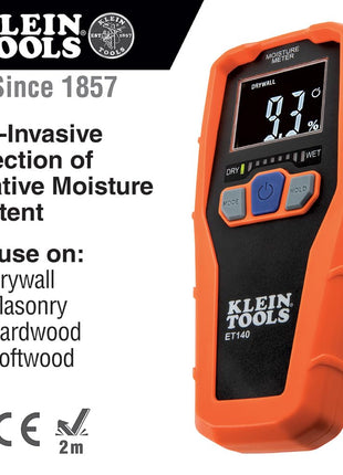 Klein Tools ET140 Pinless Moisture Meter for Non-Destructive Moisture Detection in Drywall, Wood, and Masonry; Detects up to 3/4-Inch Below Surface