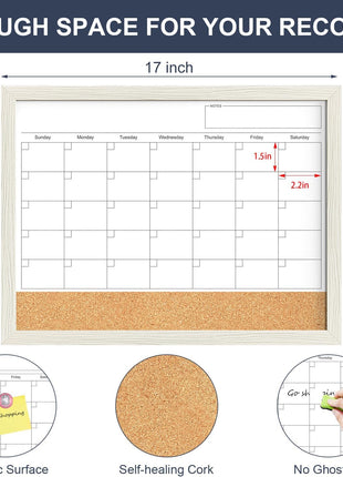 Calendar Whiteboard for Wall, TANKEE 17x13 Inches Whiteboard Calendar Cork Board Combo, Small Magnetic White Board with Wood Framed, Hanging Dry Erase Board for Kitchen Home Office School Planner