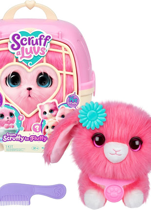 ScruffaLuvs Pink Surprise Pet, Mystery Plush Toy, Wash to Reveal | Wash to reveal 1 of 3 rescue pets, includes deluxe carrier & comb; plush toys for girls ages 3+, gift