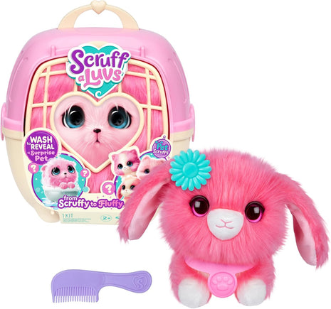 ScruffaLuvs Pink Surprise Pet, Mystery Plush Toy, Wash to Reveal | Wash to reveal 1 of 3 rescue pets, includes deluxe carrier & comb; plush toys for girls ages 3+, gift