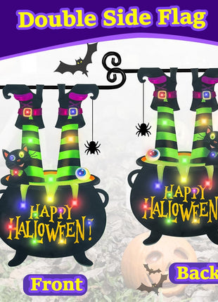 Halloween Lighted Garden Flag for Outside, Led Solar Yard Flag 8 Modes Witch Feet Shape Flag, 12x18 Double Sided Cauldron Eyeball Black Cat Decorations for Home Porch