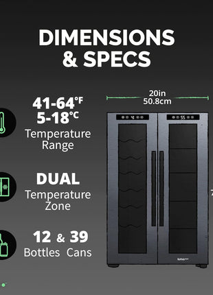 Luma Comfort Shadow Series Wine Cooler Refrigerator 12 Bottle & 39 Can Dual Temperature Zones, Freestanding Mirrored Wine and Beverage Fridge with Double-Layer Tempered Glass Door & Compressor Cooling