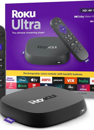 Roku Ultra - Ultimate Streaming Player - 4K Streaming Device for TV with HDR10+, Dolby Vision & Atmos - Bluetooth & Wi-Fi 6 - Rechargeable Voice Remote Pro with Backlit Buttons - Free & Live TV