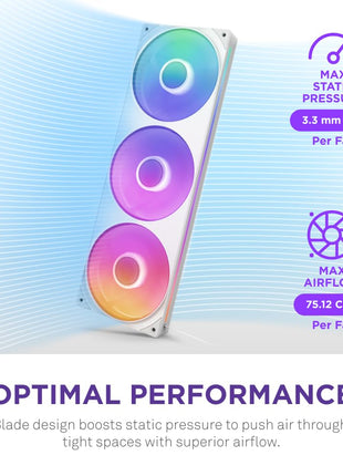 NZXT F360 RGB Core - 360mm Single-Frame RGB Fan Unit - White | 360mm single-frame unit with three 120mm RGB fans on one cable. Speed and lighting controlled through CAM.