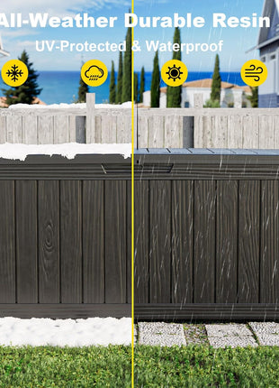 ROJIK Outdoor Storage Box with Wheels – 85 Gallon Mobile Waterproof Resin Deck Box, Lockable Storage for Patio Cushions, Garden Tools, Pool Accessories – UV-Resistant Storage Bench for Backyard & Deck