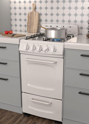 Avanti Gas Range Oven, Compact Freestanding Design, 4 Burners with Electronic Ignition, 2.1 Cu.Ft. Capacity Features Solid Door Storage Drawer Broiler and Accessories, 20-Inch, White