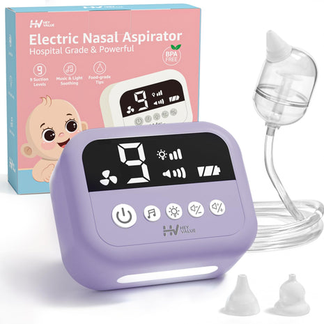 HEYVALUE Nasal Aspirator for Baby, Hospital Grade Nose Sucker with 9 Levels Suction, Night Light and Nursery Rhyme Soothing, Electric Nose Suction for Baby with Food-Grade Silicone Tips Purple