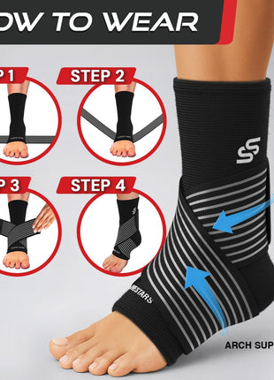 Sleeve Stars Ankle Brace for Women & Men, Ankle Wrap for Sprain, Compression Sleeve for Plantar Fasciitis Relief, Easy Customizable Support: w/ Removable Strap (Single/M:10"-12"/Black)