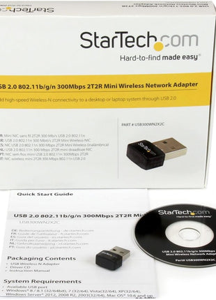 StarTech USB 2.0 300Mbps Mini Wireless-N Network Adapter, 802.11n 2T2R, 20/40MHz Bandwidth, .400-.484GHz Frequency Range
