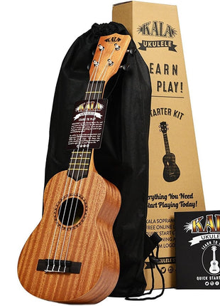 Official Kala Learn to Play Ukulele Soprano Starter Kit, Satin Mahogany – Includes online lessons, tuner app, and booklet (KALA-LTP-S) | Soprano Satin Mahogany Ukulele, Aquila Strings, Graphtech Nubone Nut and Saddle, With Clip-on Tuner