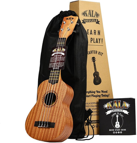 Official Kala Learn to Play Ukulele Soprano Starter Kit, Satin Mahogany – Includes online lessons, tuner app, and booklet (KALA-LTP-S) | Soprano Satin Mahogany Ukulele, Aquila Strings, Graphtech Nubone Nut and Saddle, With Clip-on Tuner