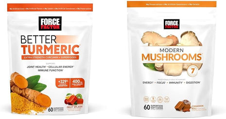 Force Factor Better Turmeric Joint Support Supplement for Extra Strength Joint Health & Modern Mushrooms Soft Chews, Mushroom Supplement with Lions Mane, Turkey Tail