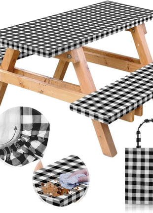 RNOONY Vinyl Fitted Picnic Table Cover with Bench Covers and Bag, 6ft Outdoor Waterproof Windproof Tablecloth with Elastic Edges. Camping RV Gear Campers Must Have 72x30 Inches 4 Pcs Set (Black)