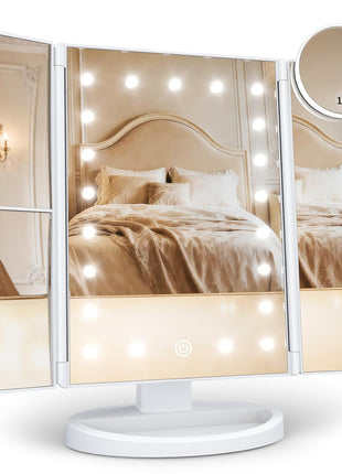 HUONUL Makeup Mirror, Vanity Mirror with Lights, 2X/3X/10X Magnification, Touch Control, Trifold, Dual Power Supply, Birthday Gifts for Women, Wife, Mom, Girls,Dorm Room Essentials